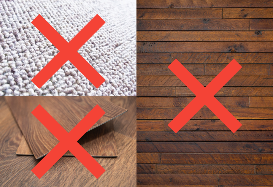 three way image of carpet, vinyl, and hardwood flooring